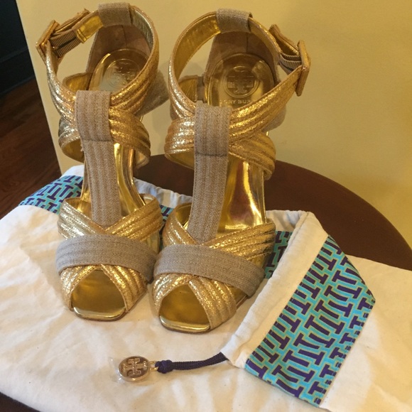 Tory Burch Shoes - Tory Burch Gold and Linen Shoes